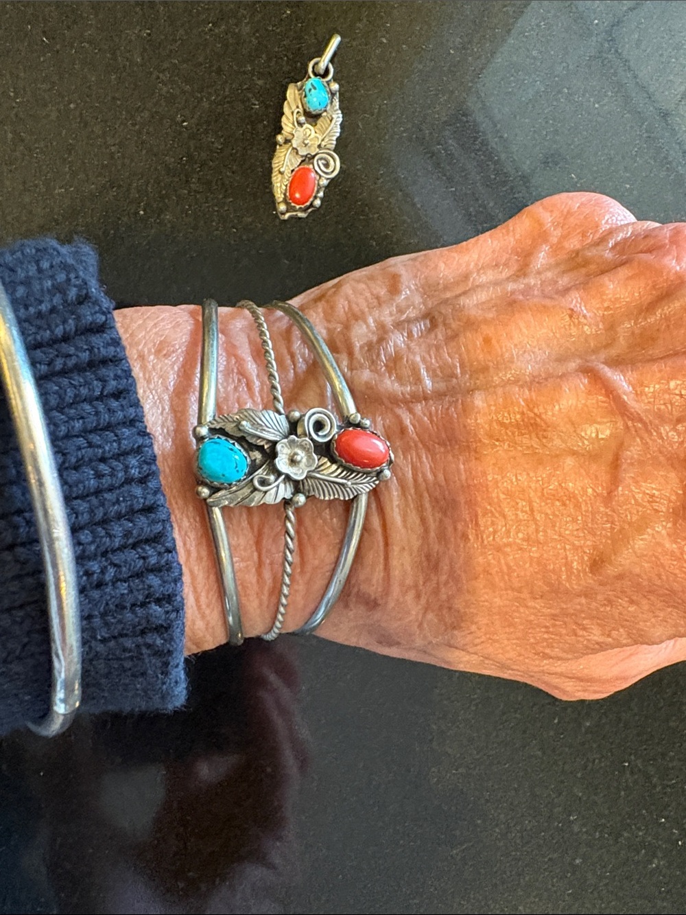 Sterling-Inspired Turquoise & Coral Triple-Row Cuff Bracelet and Pendant - Picture 6 of 7